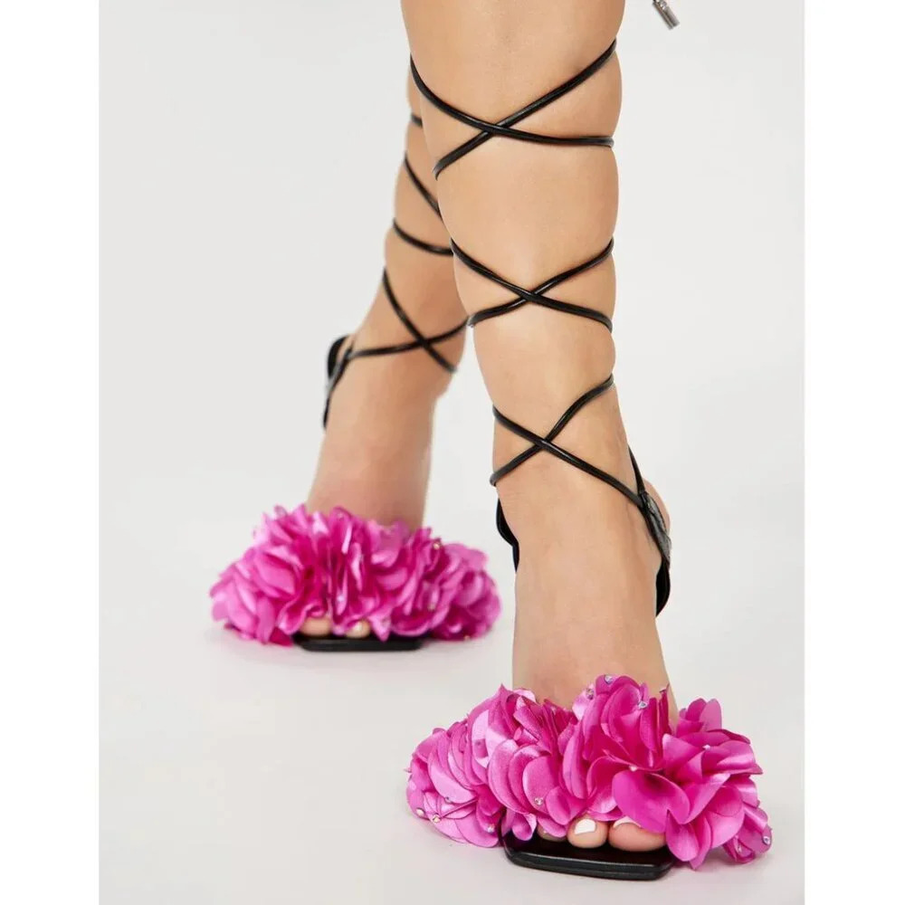 Fashion Nova Pink Floral Petal Rhinestone Detail Tie nkle heels 6.5